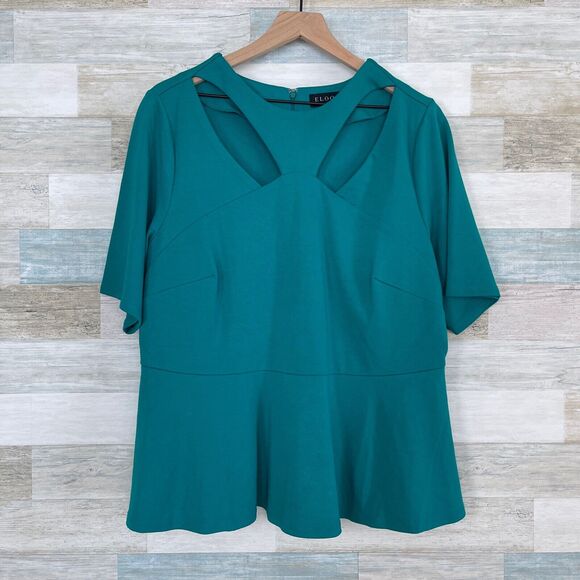 Eloquii Cut Out Peplum Blouse Green Stretch Ponte Knit Womens Plus Size 18 - Picture 1 of 10